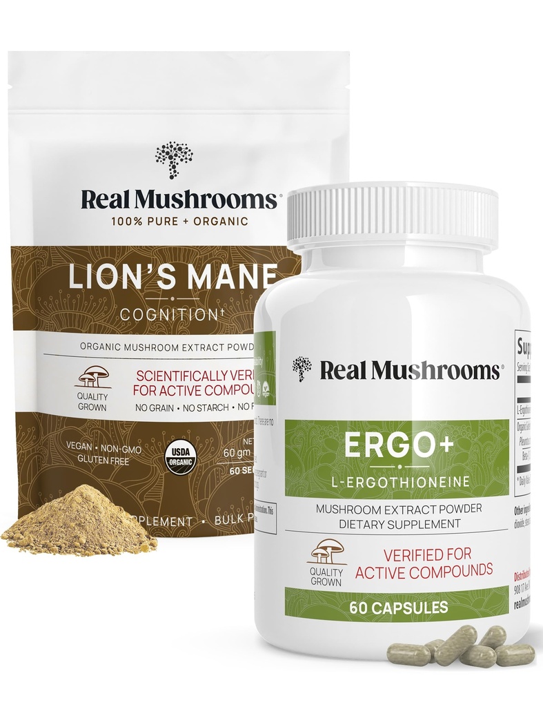 Ekte Mushrooms Ergothioneine (60ct) og Lions Mane Organic Powder (60 Serveringer) Bundle med Shiitake og Oyster Mushroom Extracts - Longevity og Cognition - Vegan, Glutenfri, Ikke-GMO