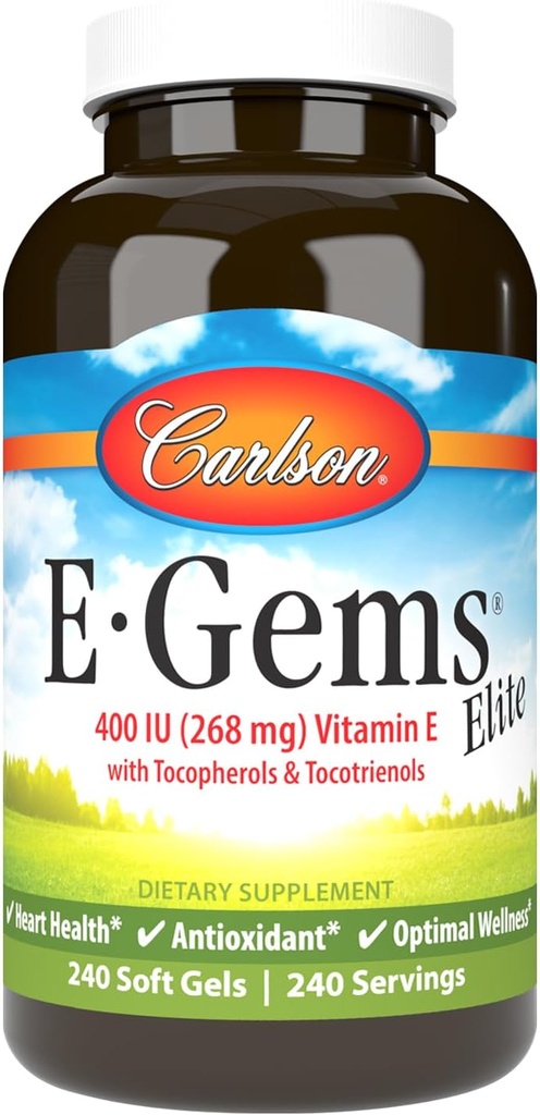 Carlson - E-Gems Elite, 400 IE vitamin E med tokoferoler og tokotrienoler, vitamin E kapsler, hjerte helse og optimal velvære, antioksidant, vitamin E Supplement, 240 Softgels