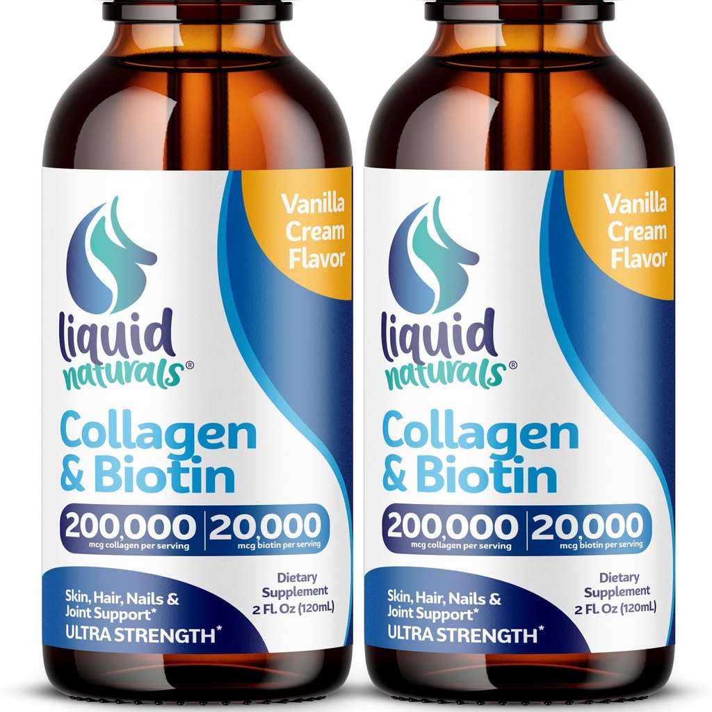 Væske kollagen og biotin, 2 Fl. Oz, ultra-sterkt kollagen kosttilskudd for kvinner, ketovennlig biotin for hårvekst kvinner, negler, & hud vitaminer B7 collageno peptides – Vanilla Flavor - 2 pakke