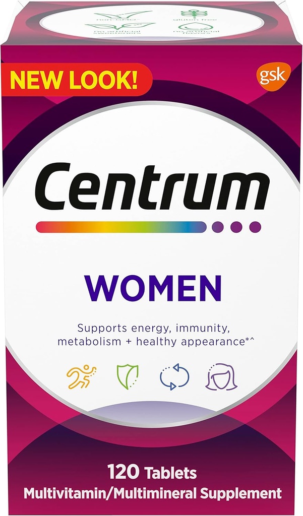 Centrum Multivitamin for kvinner, Multivitamin/Multimineral Supplement med jern, vitamin D3, B vitaminer og antioksidant vitaminer C og E, Glutenfri, Ikke-GMO ingredienser - 120 greve