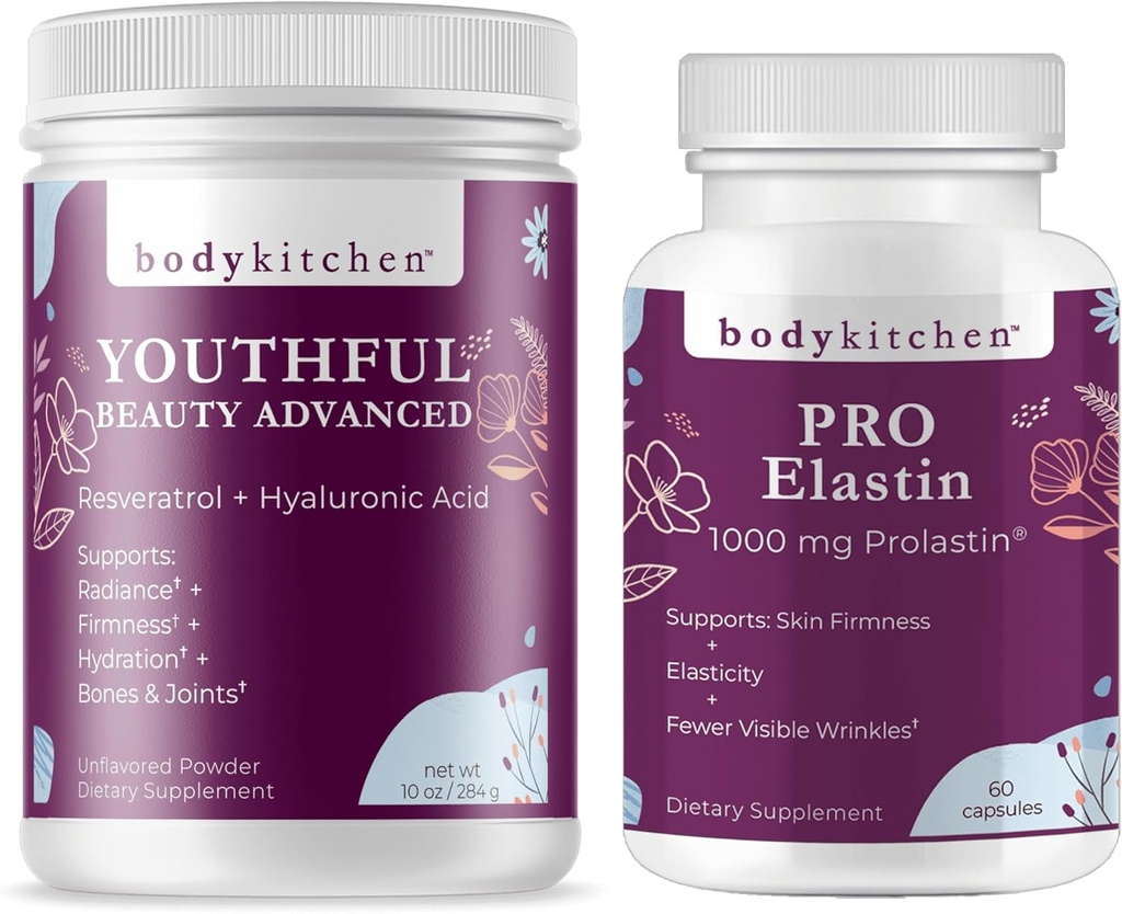 Kropp Kjøkken Ungdomslig Skjønnhet Avanserte kollagen Peptider pulver og resveratrol og hyaluronsyre 10oz og pro-elastin, greve av 60