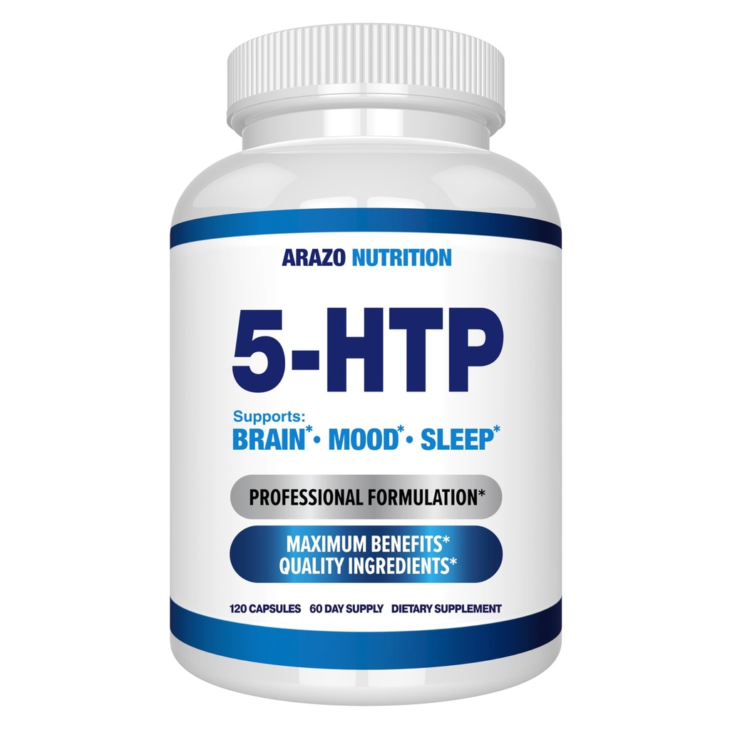 5-HTP 200 MG Per Serving Plus Kalsium for humør, søvn – støtter rolig og avslappet humør – 99% høy renhet – 120 kapsler – Arazo ernæring
