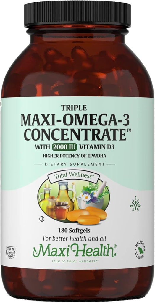 Omega 3 Supplement - Omega-3 Fish Oil Triple Konsentrat med vitamin D3 - Potent kilde til EPA / DHA fettsyrer - hjerte, hjerne, felles helse - Kosher sertifisert Wild Caught Marine Fish - 180 Softgels