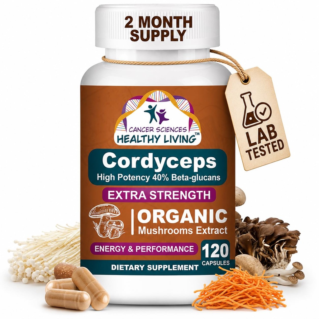 Kreft Sciences Cordyceps Mushroom Supplement Kapsler - 1.500mg Økologisk Mushroom Complex for velvære, høy styrke 40% Beta-Glucans, Immunstøtte Supplement for energi & Stamina Booster, 120 Count