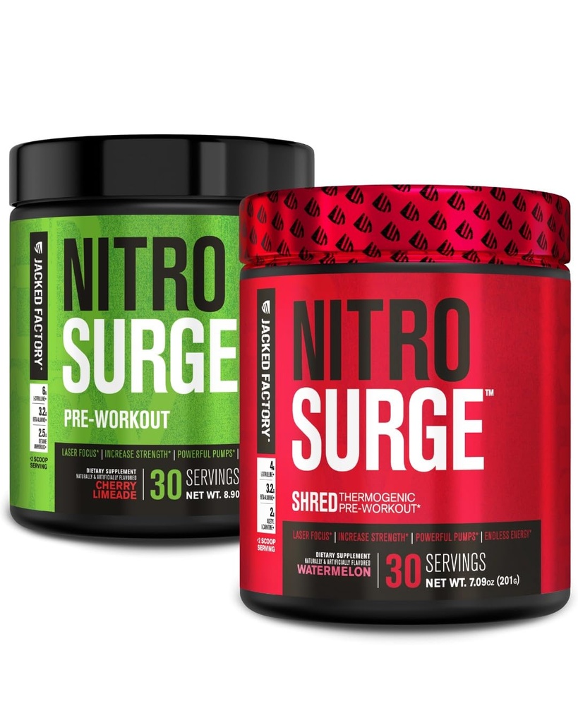 Jacked Factory Nitrosurge Pre-Workout i Cherry Limeade & Vannmelon Nitrosurge Shred Thermogenic Pre-Workout for menn og kvinner