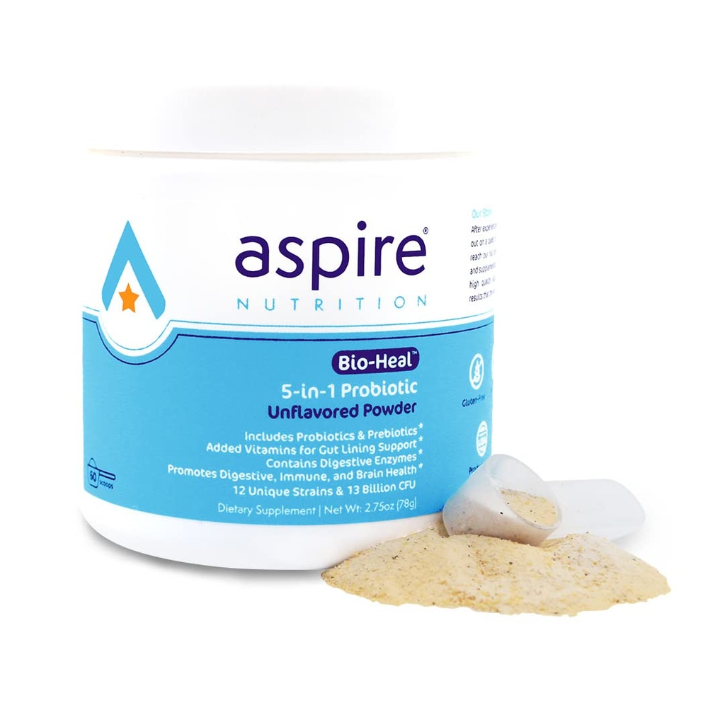 Aspire Nutrition 5-i-1 Bio-Heal® Probiotic for barn, menn og kvinner - Beste kosttilskudd for hjernefunksjon, Gut Helse og galakse - Hold stabil og forsterket med vitamin, mineral og prebiotika - pulver
