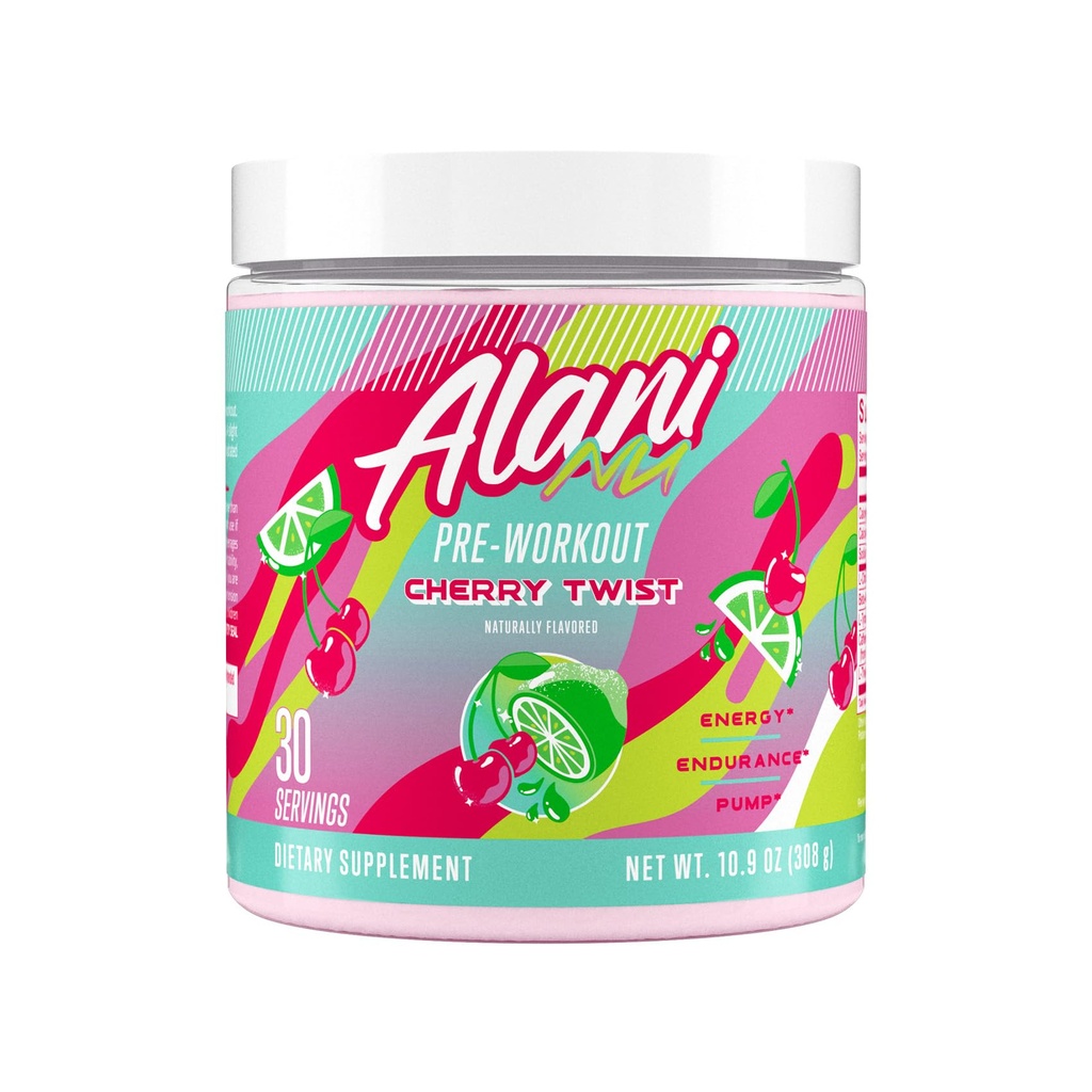 Alani Nu Pre Trening pulver Cherry Twist, Amino energiøkning, Endurance Supplement, Sukkerfri, 200 mg koffein, L-theanin, Beta-Alanin, L-Citrullin, 30 serveringer