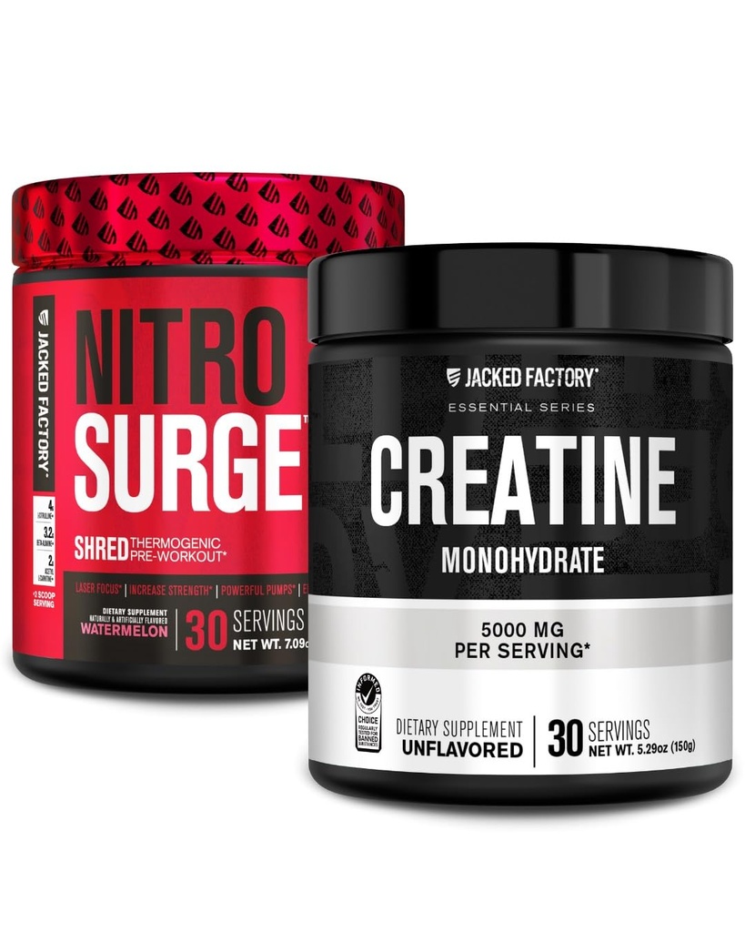 Jacked Factory NITROSURGE Shred Pre Workout Supplement (vannmelon, 30 Services) & Kreatin Monohydrat pulver (uovertruffen, 30 Services)