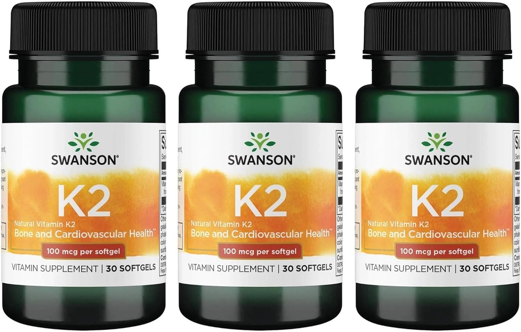 Swanson vitamin K2 (Menaquinon-7) - Vitamin Supplement Støtte Cardiovaskulær og Bein Helse - laget av japansk Natto for å hjelpe regulere kalsium - (30 Softgels, 100mcg Hver) (3 Pack)