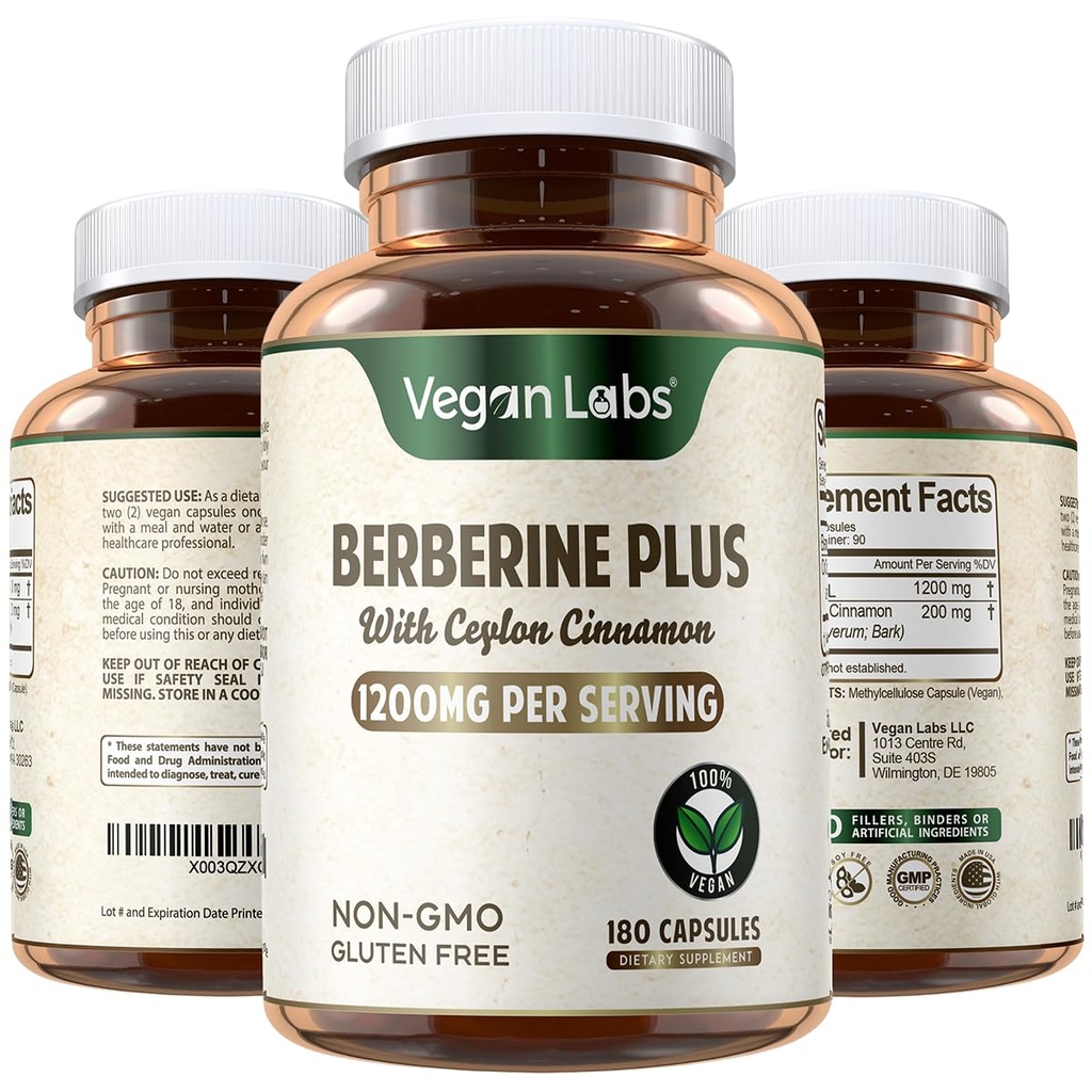 Vegan Labs Berberine HCL 1200MG med organisk Ceylon Cinnamon- 180 Vegan Capsules- støtter generell helse og immunsystem