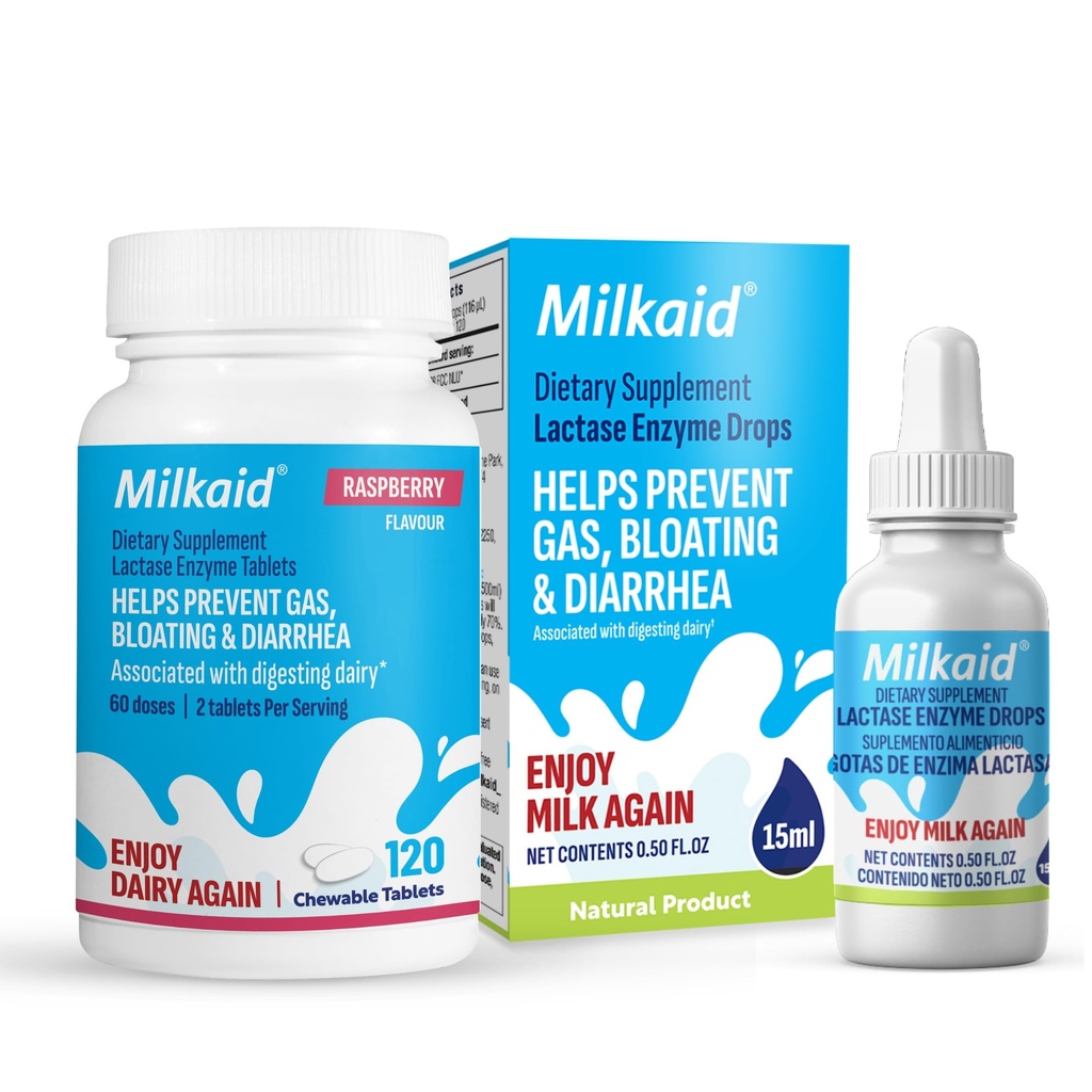 Melkeaid Lactase Enzyme Drops Tabletter For Laktose Intolerance Relief | forhindrer gass, Bloating & diarrea | Dairy Digestive Supplement | 0,5 Fl Oz & 120 Raspberry Flavored tabletter