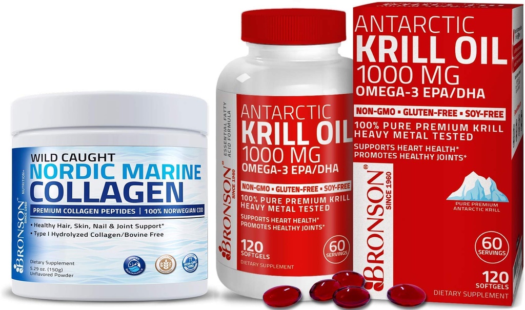 Bronson Marine Collagen Peptider Hydrolysert proteinpulver + Antarktis krillolje 1000 mg med Omega-3s EPA DHA