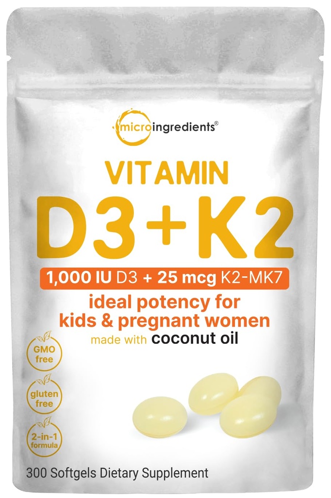 Mikroingredienser Vitamin D3 1000 IU + K2 MK-7 25 mg, 300 Softgels | Jomfru Kokosolje | 2-in-1 Bein, Immun & hjerte støtte | Lett å svelge, ikke-GMO