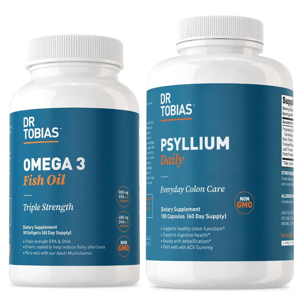Dr. Tobias Omega 3 Fish Oil & Psyllium daglige kosttilskudd for hjerte, hjerne og immun støtte, Sunn Bowell bevegelse støttes med Psyllium Husk Kapsler