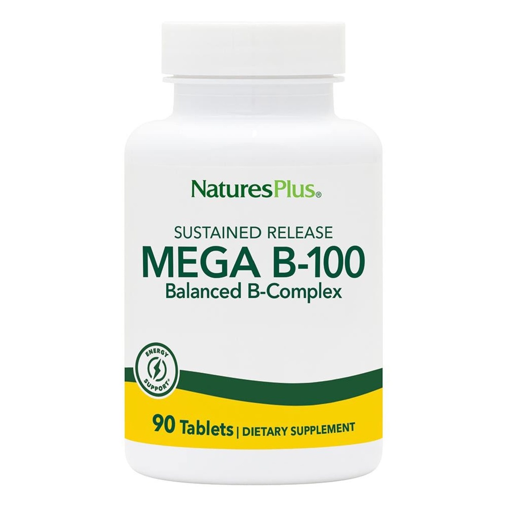 Natures Plus Mega B-100 Complex - 90 Uunngåelige Release Vegetariske tabletter - Energi & Brain Booster - Glutenfri - 90 Serveringer