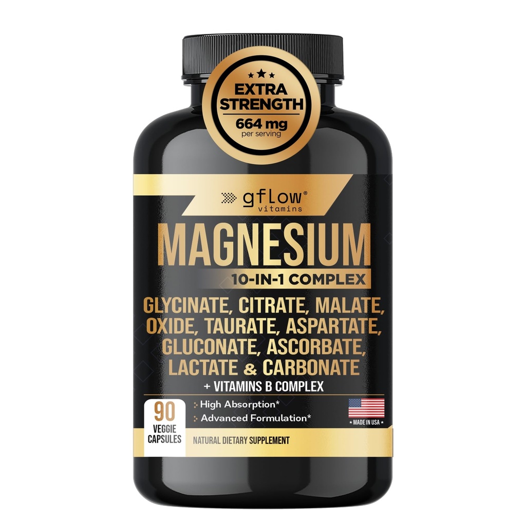 Magnesium Complex Supplement - 10 Aktive Former, Glykinat, Citrat, Malat, Oxid, Taurat, Aspartat, Gluconat, Askorbat, Lactate, Carbonat, Plus Mer med vitamin C1 B2 B12