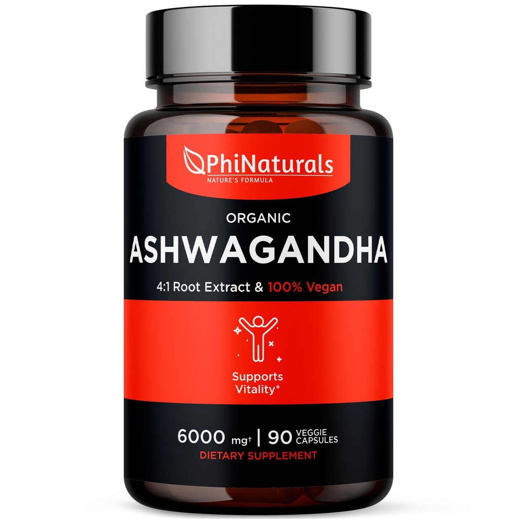 PhiNaturals Organic Ashwagandha Root Extract i Vegan Capsules lik 6000 Mg Root - Ashwaganda Supplement for menn og kvinner med 1500 Mg Per Servering 30 Servering - 500 mg Per Vegan Capsule 90 greve
