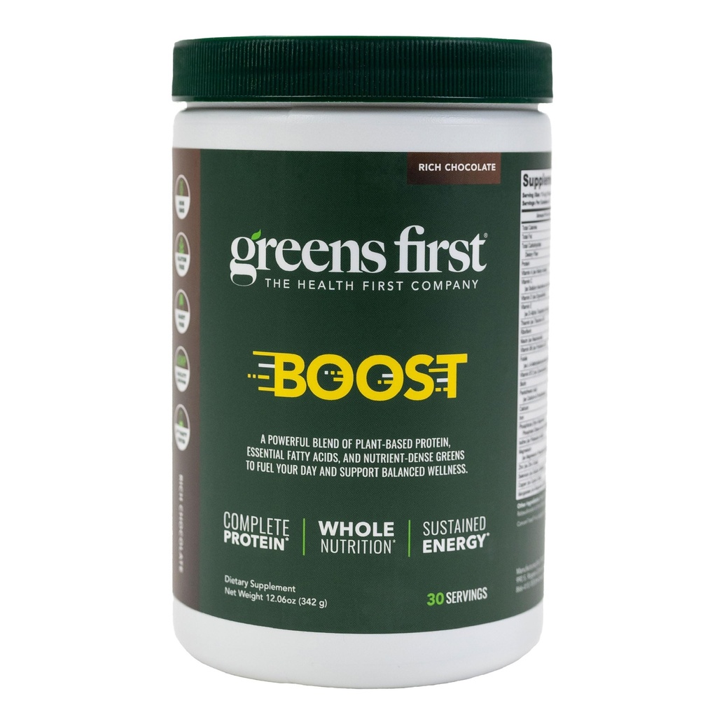 Greens First Boost - Plant-basert protein & balansert ernæring - Superfood Shake Mix - Ingen hvete eller soya - Dairy-free - Vegan - Nederlandsk sjokolade, 12,28 oz.