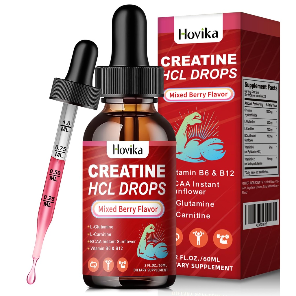 Kreatin HCL flytende dråper for menn og kvinner, Kreatinhydroklorid med L-karnitin, L-Glutamin, BCAA, vitamin B12 & B6 for muskelvekst og gjenoppretting-Vegan, blandet Berry Flavor Flavor, 2 fl Oz