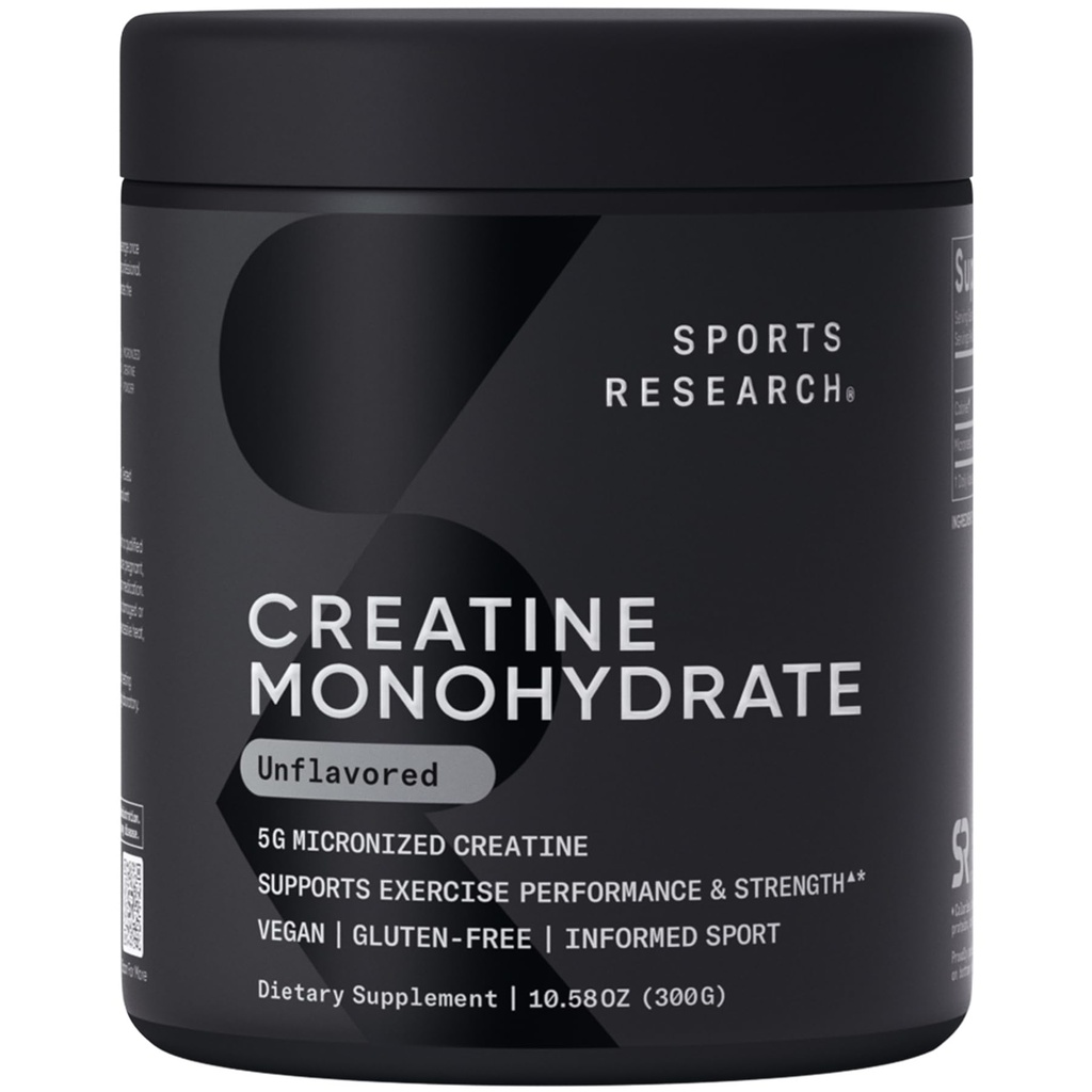 Idrettsforskning Kreatin Monohydrat - Gain Lean Muscle, forbedre ytelse og styrke og støtte utvinning - 5 g Mikronisert Kreatin - 10,58 oz
