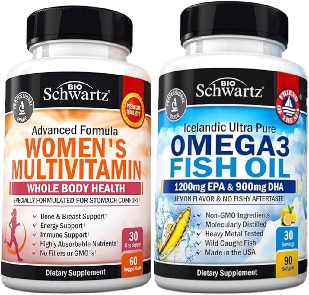Daglig multivitamin for kvinner kapsler (1 måneds forsyning) Plus trippel styrke Omega 3 fiskeolje softgels (1 måneds forsyning)