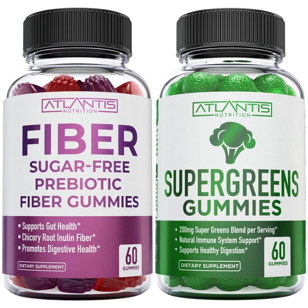 Atlantis Ernæring Sukker Gratis Prebiotiske Fiber Gummies for voksne 2-Pack (120 Gummies) + Supergreens 60 Gummies