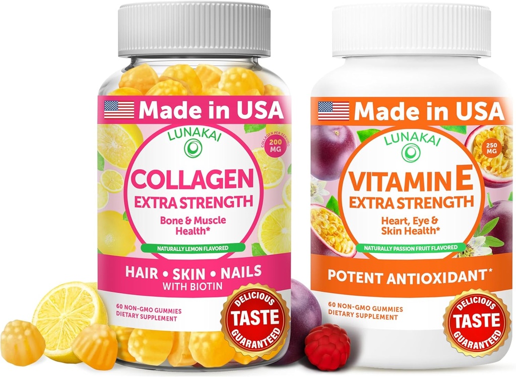 Lunakai Collagen og vitamin E Gummies Bundle - Ikke-GMO Anti Aging Kosttilskudd for menn og kvinner - Naturlig Gummy med vitamin C & 250 mg Naturlig VIT E
