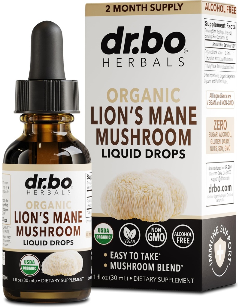 Lions Mane Mushroom Supplement Drops - Organic Lions Mane Mushroom Flytende Tinktur for fokus, Fog Brain Helse Supplements - Vegan Herbal Nervine Nootropic Organic Lions Flytende Supplement Ekstract 1oz