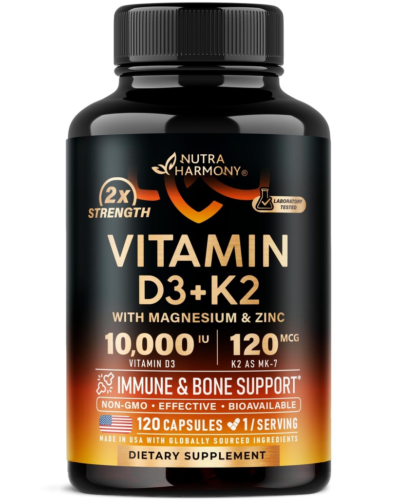 Vitamin D3 K2 - Vitamin D30000 iu & K2 som MK-7 120 mcg - Immun & Mood Support, for bein og tenner Helse - med magnesium, sink og vitamin C & B12 - svært biotilgjengelig - laget i USA, 120 kapsler