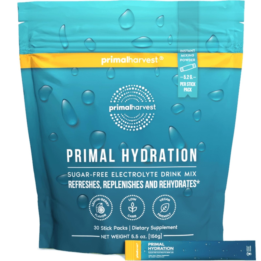 Primal Harvest Electrolytes Powder Packets Primal Hydration, Easy Open Packets, Energi Drink Mix (Lemon Berry, 30 Packs) (1 pose)