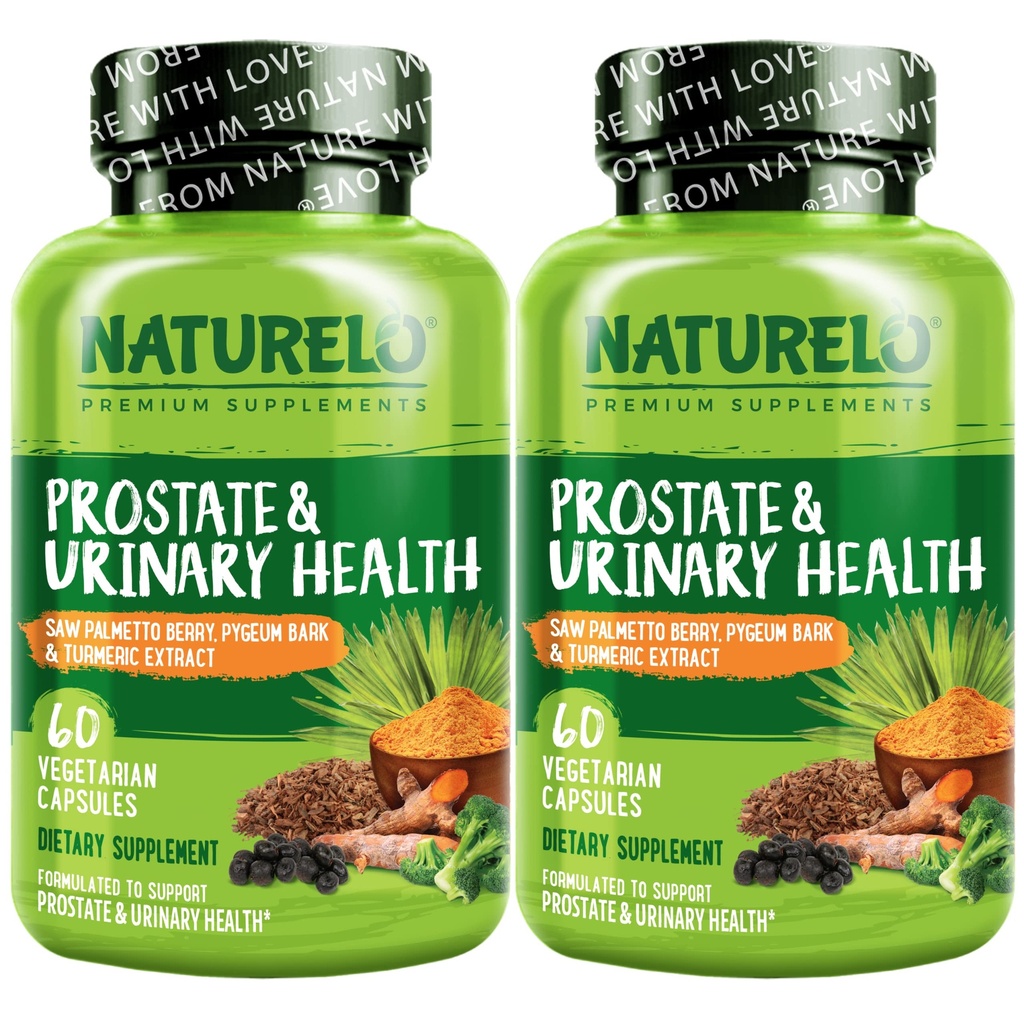 NATURELO prostate & urinhelse, omfattende formel med så Palmetto, Pygeum, Tumeric, Plantesteroler, Broccoli og Lycopen, 60 vegetariske kapsler (pakke med 2)