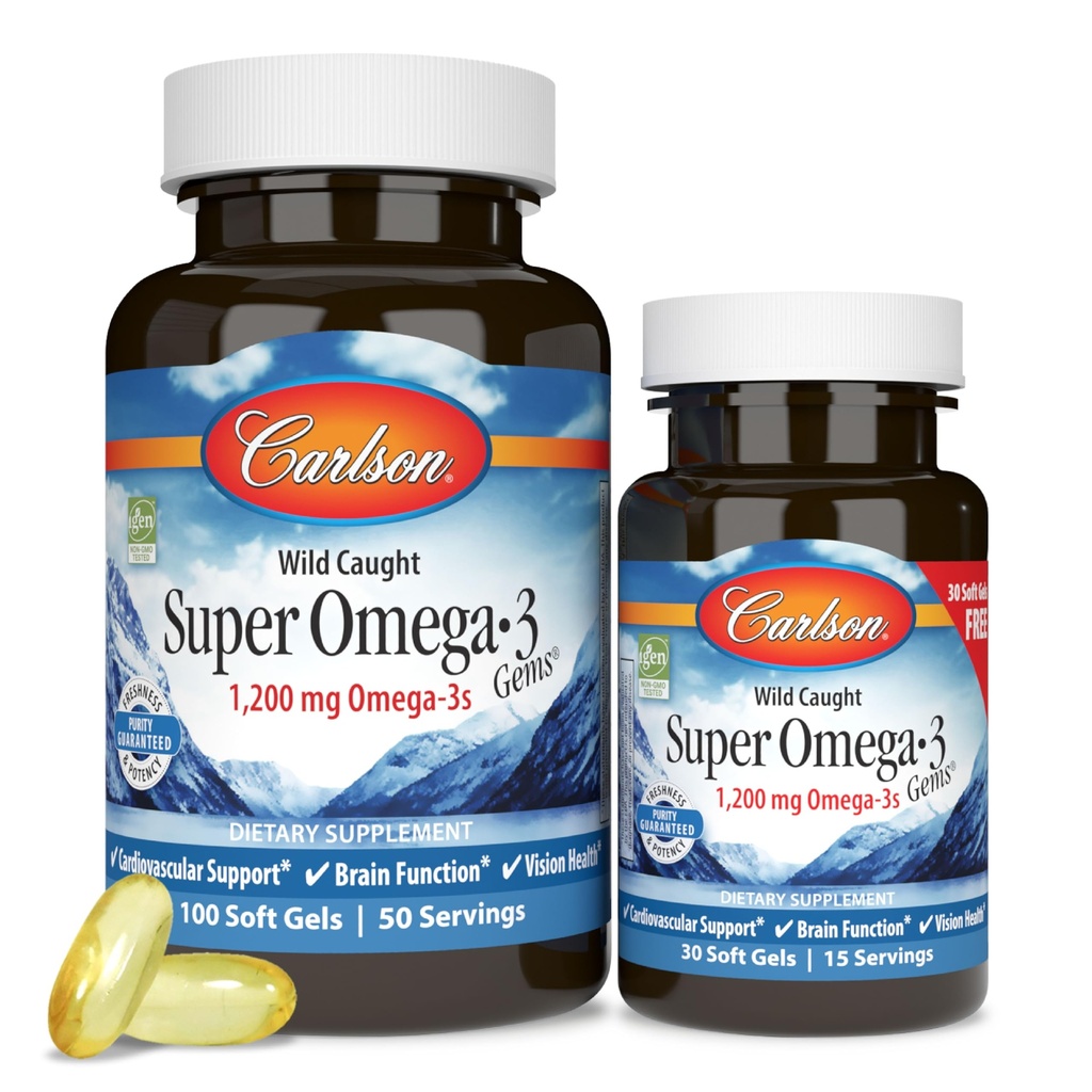 Carlson - Super Omega-3 Gems, 1200 mg Omega-3 fettsyrer med EPA og DHA, Wild-Caught Norsk Supplement, Sustainablely Sourced Fish Oil Capsules, Omega 3 Kosttilskudd, 100+30 Softgels