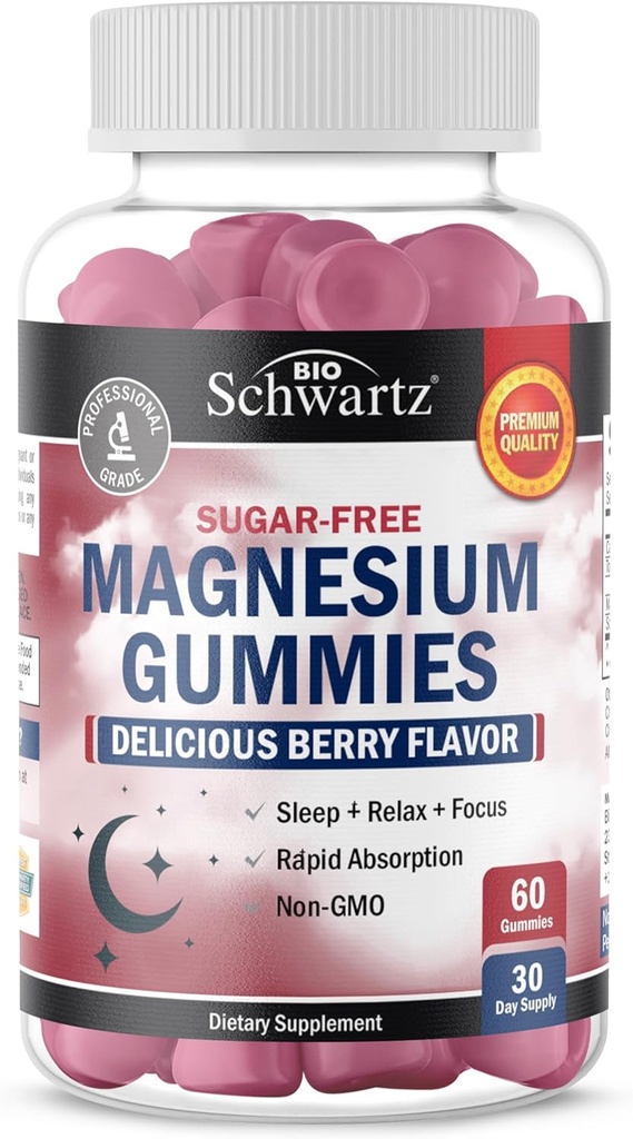 BioSchwartz Sukker Gratis Magnesium Gummies (30 Serveringer) Berry Flavored Magnesium Citrat Supplement støtter sunne nerver Muskler Energi Calm Mood og søvn (Vegan trygt, ikke GMO, 60 Gummies)