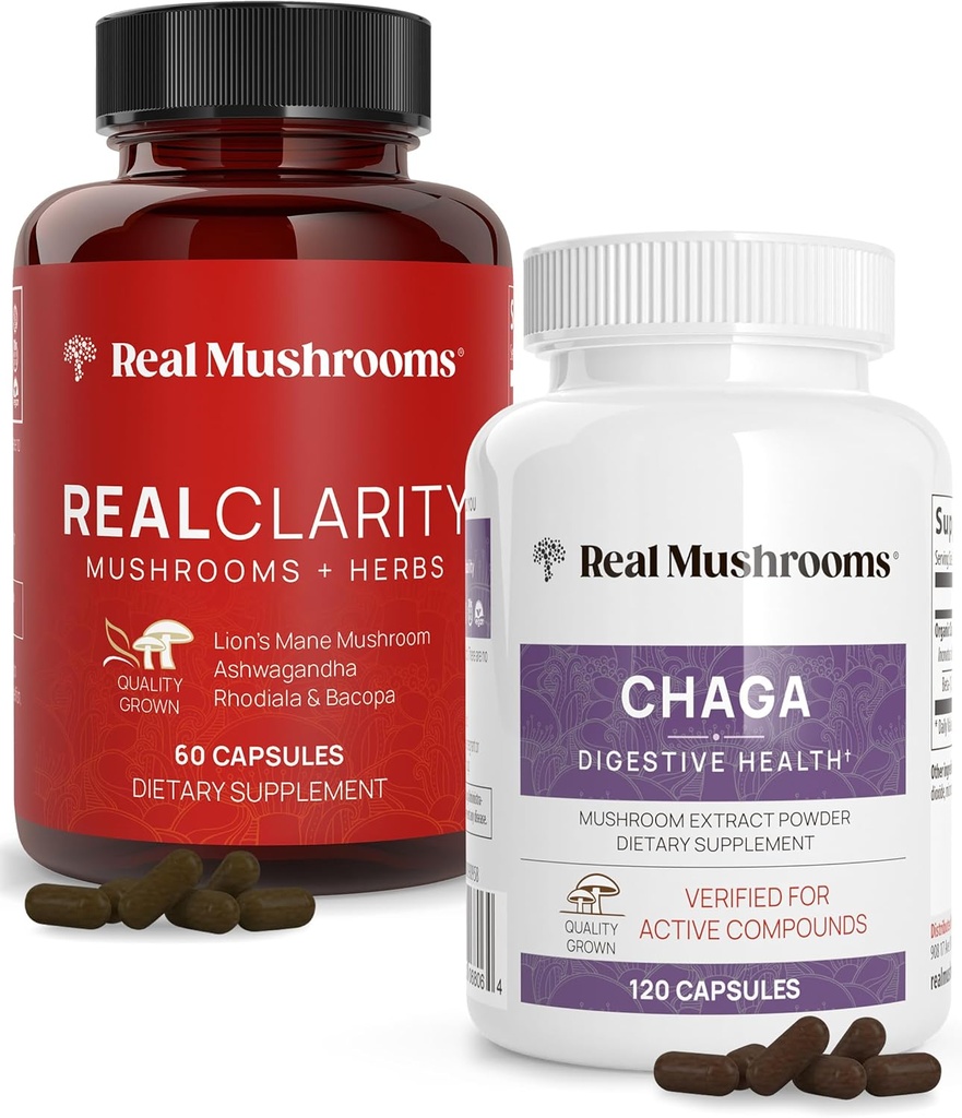 Ekte Mushrooms RealClarity (60ct) og Chaga (120ct) Capsules Bundle - Mushroom Supplement for mental klarhet, fokus, Digestiv helse og immunstøtte - Vegansk, ikke-GMO, verifisert nivå av Beta-Glucans