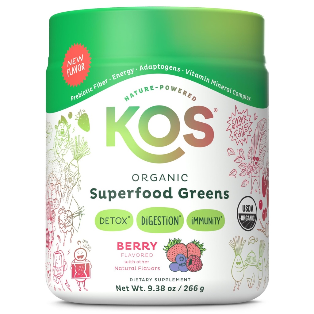 KOS Organic Superfood Greens Powder - Gut Helse fra Prebiotic Fiber, Supergreens og Adaptogens - USDA sertifisert økologisk, laget i en GMP-sertifisert fasilitet - 28 Serverer Berry