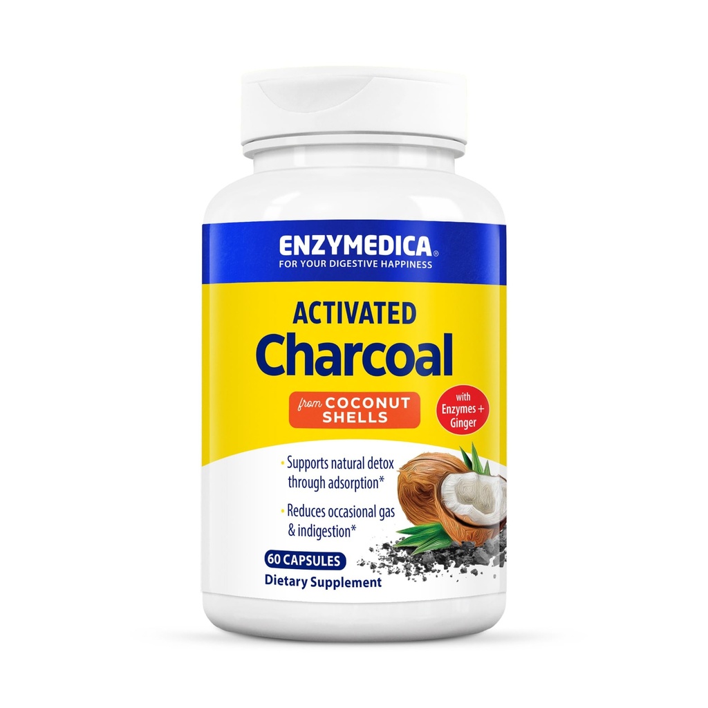 Enzymedica, Aktivert Charcoal, Reduserer øyeblikkelig gass, Bloating & Indigestion, Støtter naturlig detox, 60 greve