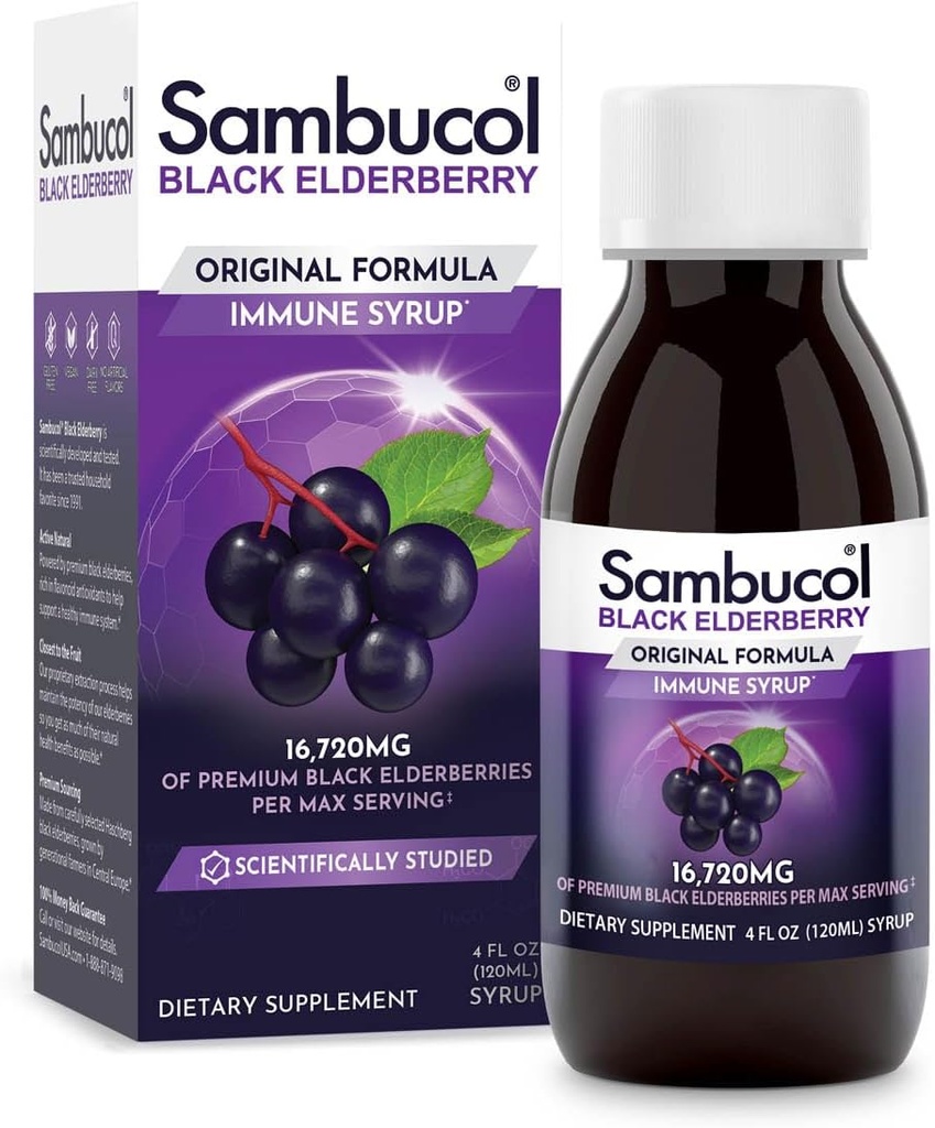 Sambucol Black Elderberry Syrup - Sambucus Elderberry Syrup, Black Elderberry Liquid, Immunstøtte, Elderberry Syrup for barn og voksne, Høye antioksidanter, Glutenfri - Original Formula, 4 Fl Oz