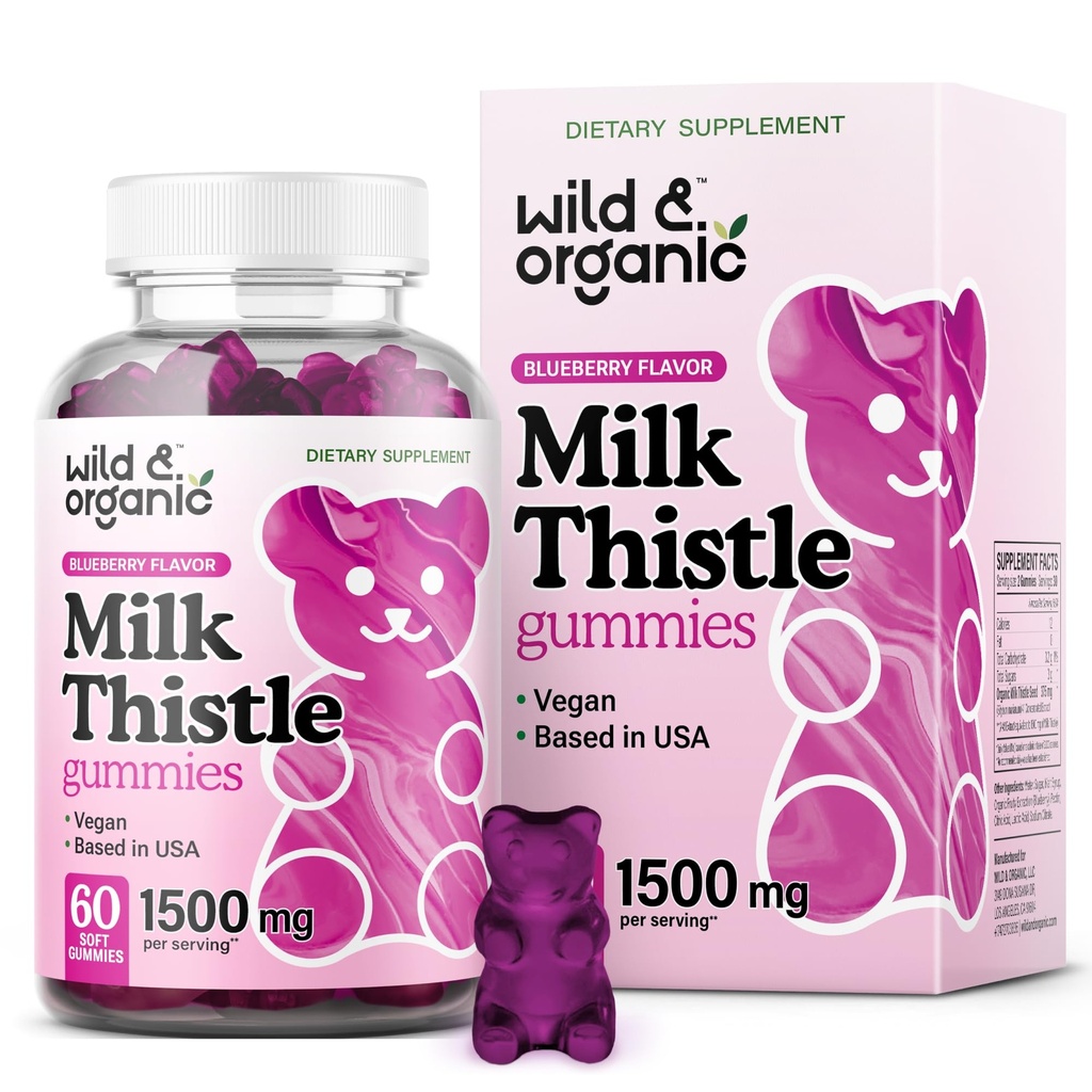 Wild & Organic Milk Thistle Gummies 1500 mg - Melke Thistle Supplement for Liver Cleanse Detox - Silymarin Liver Detox Gummies - 30 dagers forsyning - 60 Vegan, ikke-GMO Chews