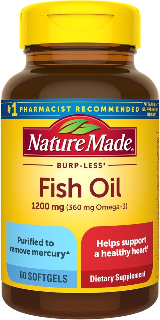Natur laget Burp Mindre Fiskeolje Omega 3 Kosttilskudd, 1200 mg Softgels, EPA DHA Omega 3 Fiskeolje Supplementer for sunn hjerte støtte, 60 Softgels, 30 dagers forsyning