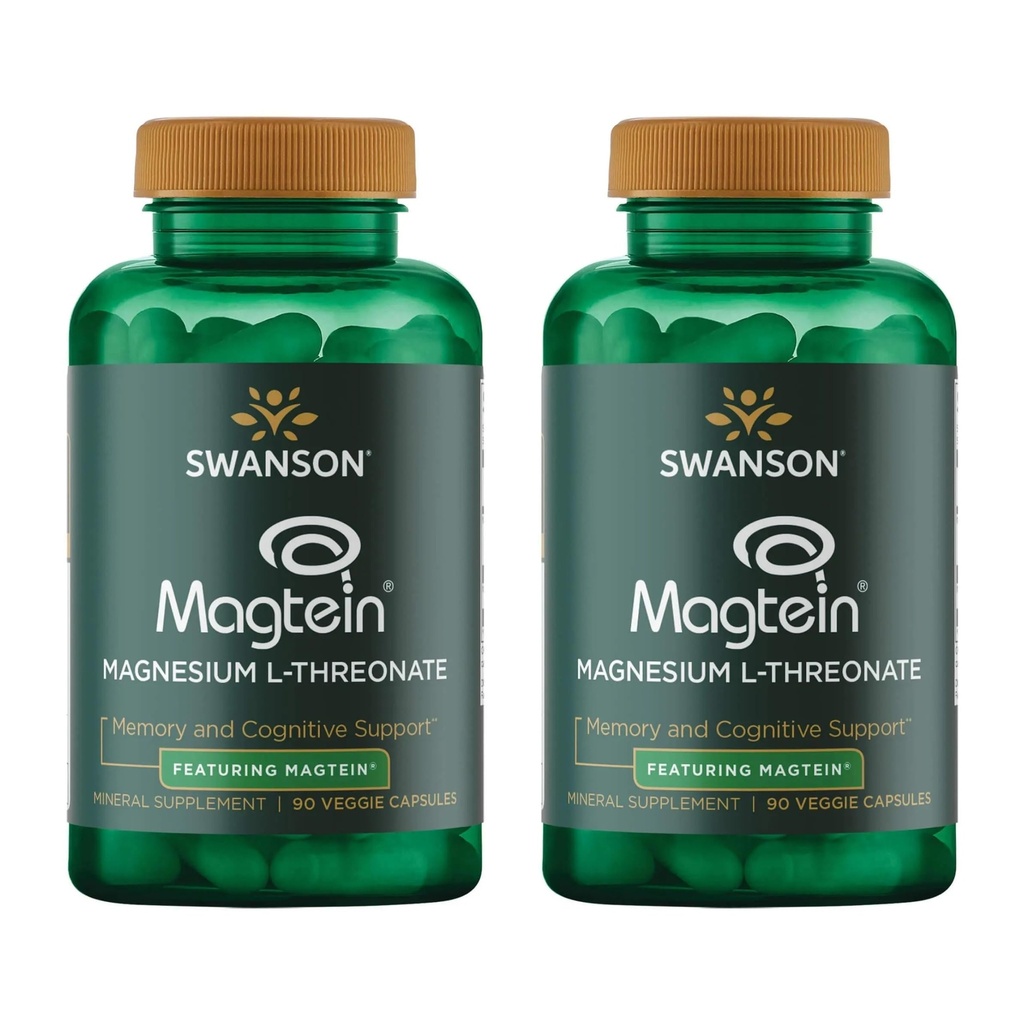 Swanson Magnesium L-treonat - Mineral Supplement Å fremme nervesystem helse - kan støtte kognitiv helse, læring og minne - (90 Veggie Kapsler) (2 Pack)