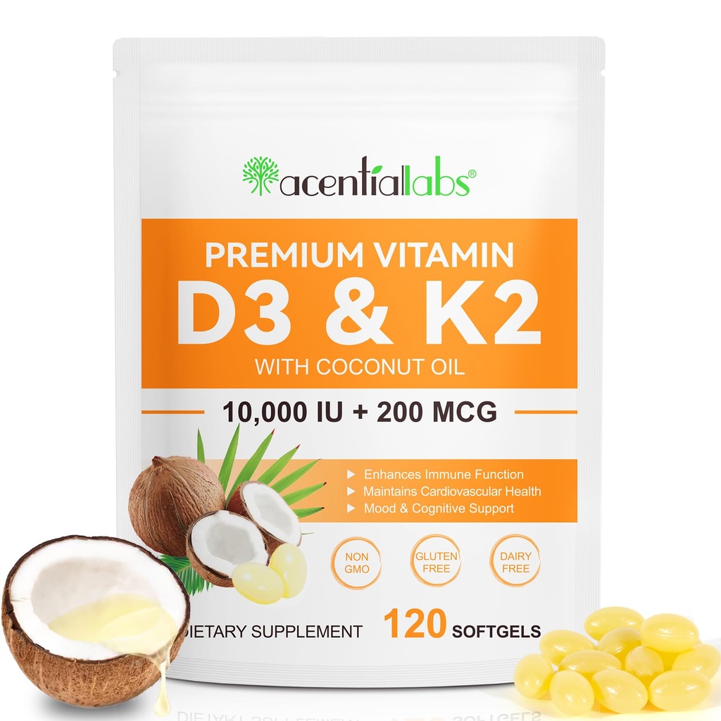 Vitamin D3 K2 Supplement Softgels, 10000 IU VIT D3 + 200 MCG K2 (MK-7) | i-1 Replenish Formula med kokosolje, støtter i kalsiumabsorpsjon, lett å svelge 120 kapsler.