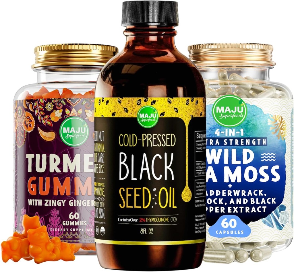 Maju Superfoods Svart Seed Oil, 4-i-1 Sea Moss Capsules og gurkemeie curcumin Ginger Gummies Bundle