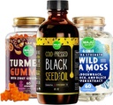 Maju Superfoods Svart Seed Oil, 4-i-1 Sea Moss Capsules og gurkemeie curcumin Ginger Gummies Bundle