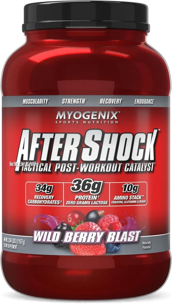 Myogenix Aftershock Post Trening pulver – Whey Protein med karbohydrater for muskelgjenvinning og drivstoff – Wildberry Blast, 3 lbs