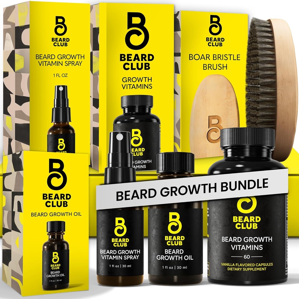 Beard Club Premium Beard Vekstsett - Vekstolje, vitaminer, Vitamin Spray & Boar Bristle Brush - Gavesett