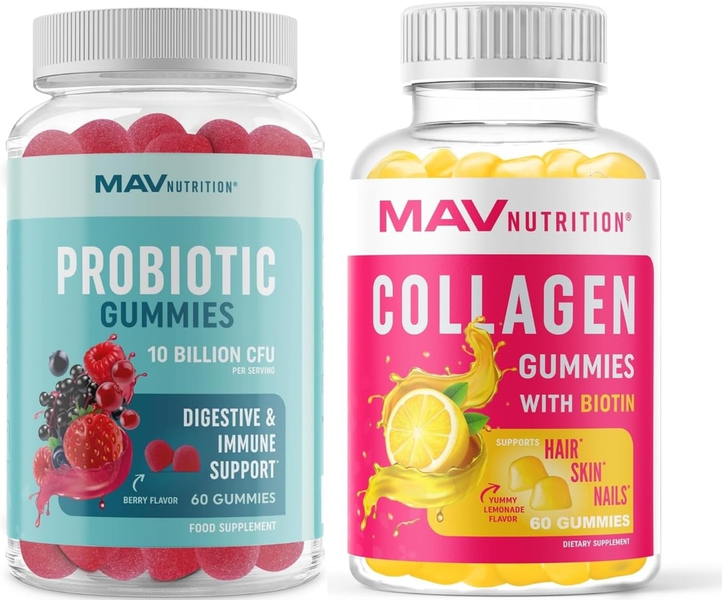 MAV NUTRITION collagen gummier for kvinner og probiotiske gummier | Hår, hud, negler, og Gut helse støtte med Biotin, vitamin C, og 5 milliarder CFU | 60 Gummies hver
