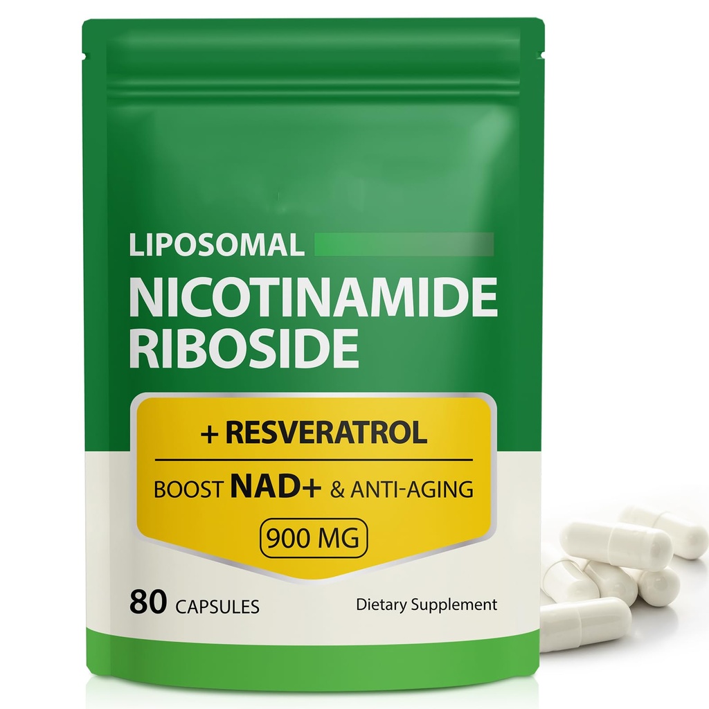 NAD Supplement, 900 mg - Liposomal Nicotinamid Riboside NAD+ Supplement med Resveratrol støtter muskel, hjerne, cellulær energi - NMN Supplement Alternativ for menn og kvinner, 80 kapsler (pakke med 1)
