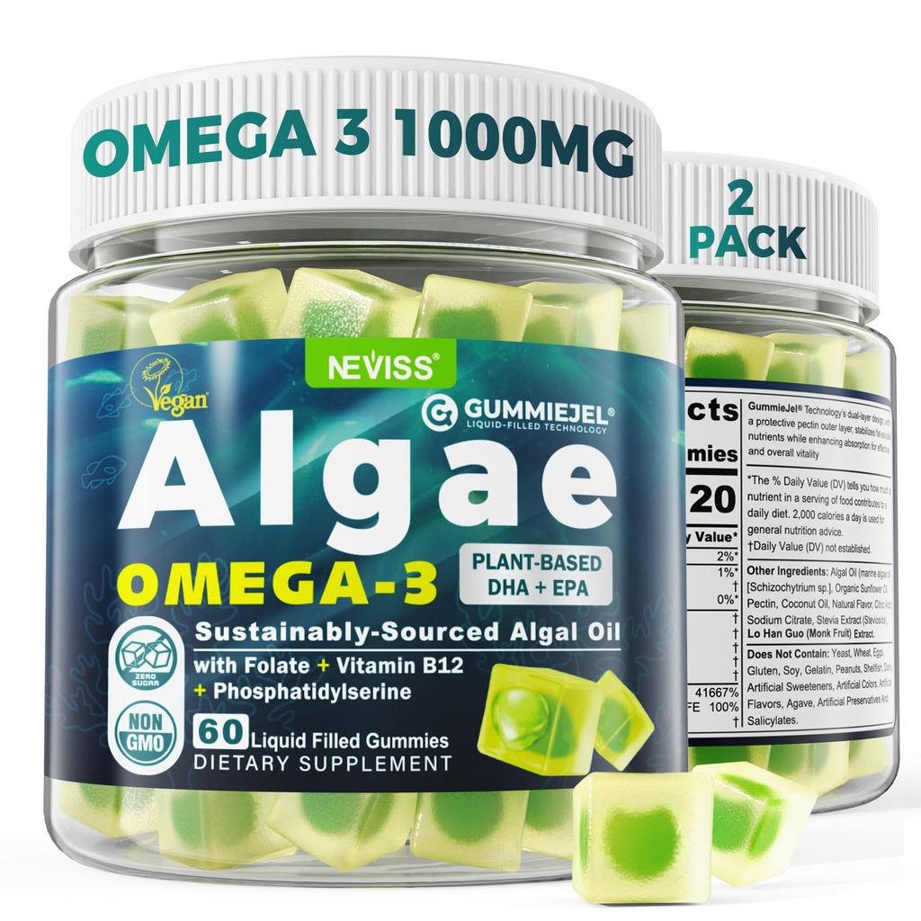 2 Pakke Algae Omega 3 Gummies 1000mg, Plante Basert DHA 460mg & EPA 230mg, Omega 3 Fiskeolje alternativ for voksne, Plus MethylFolat, Vitamin B12, Fosfatidyserin, Ingen Fisket Smak, Vegansk, Sukkerfri