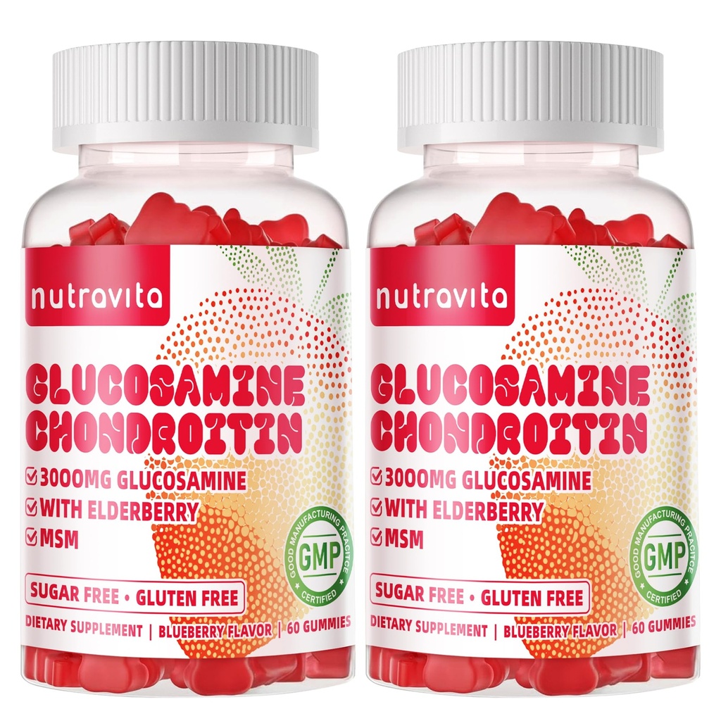 Nutravita Glukosamine Chondroitin Gummies med MSM & Elderberry Extra Styrke - Felles støtte, Antioksidant immunstøtte Supplement for voksne, menn og kvinner. 120 Jordbær Chews