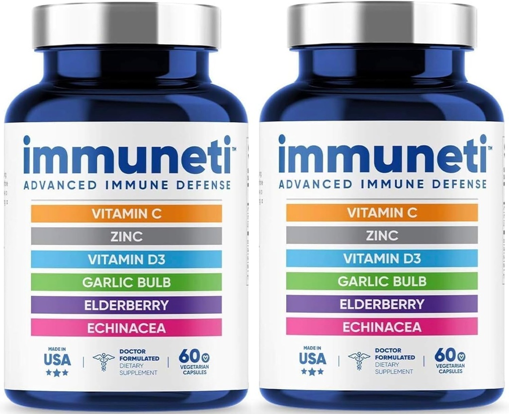 Immunati - Avansert immunforsvar, 6-i-1 Kraftig blanding av vitamin C, vitamin D3, sink, eldrebær, hvitløkbulb, Echinacea - 2 pakke - Støtter generell helse